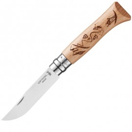 Нож Opinel №8 Alpine adventures, нержавеющая сталь, рукоять дуб, гравировка лыжи, 002188