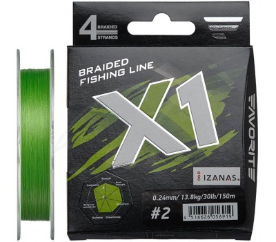 Шнур Favorite X1 PE 4x 150m (l.green) #2.0/0.240mm 30lb/13.8kg